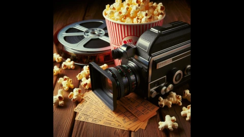 rolos de filme de cinema, filmadora, tickets e pipoca