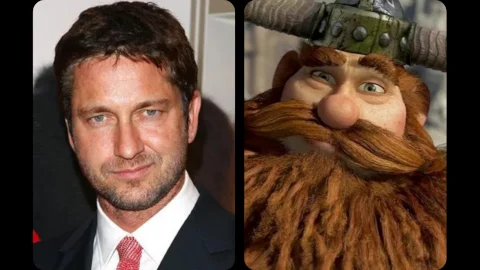 Gerald Butler ao lado do personagem Stoico