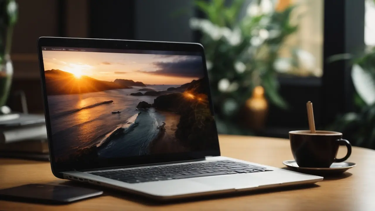 Laptop em cima de uma mesa passando filme com uma xícara de café ao lado